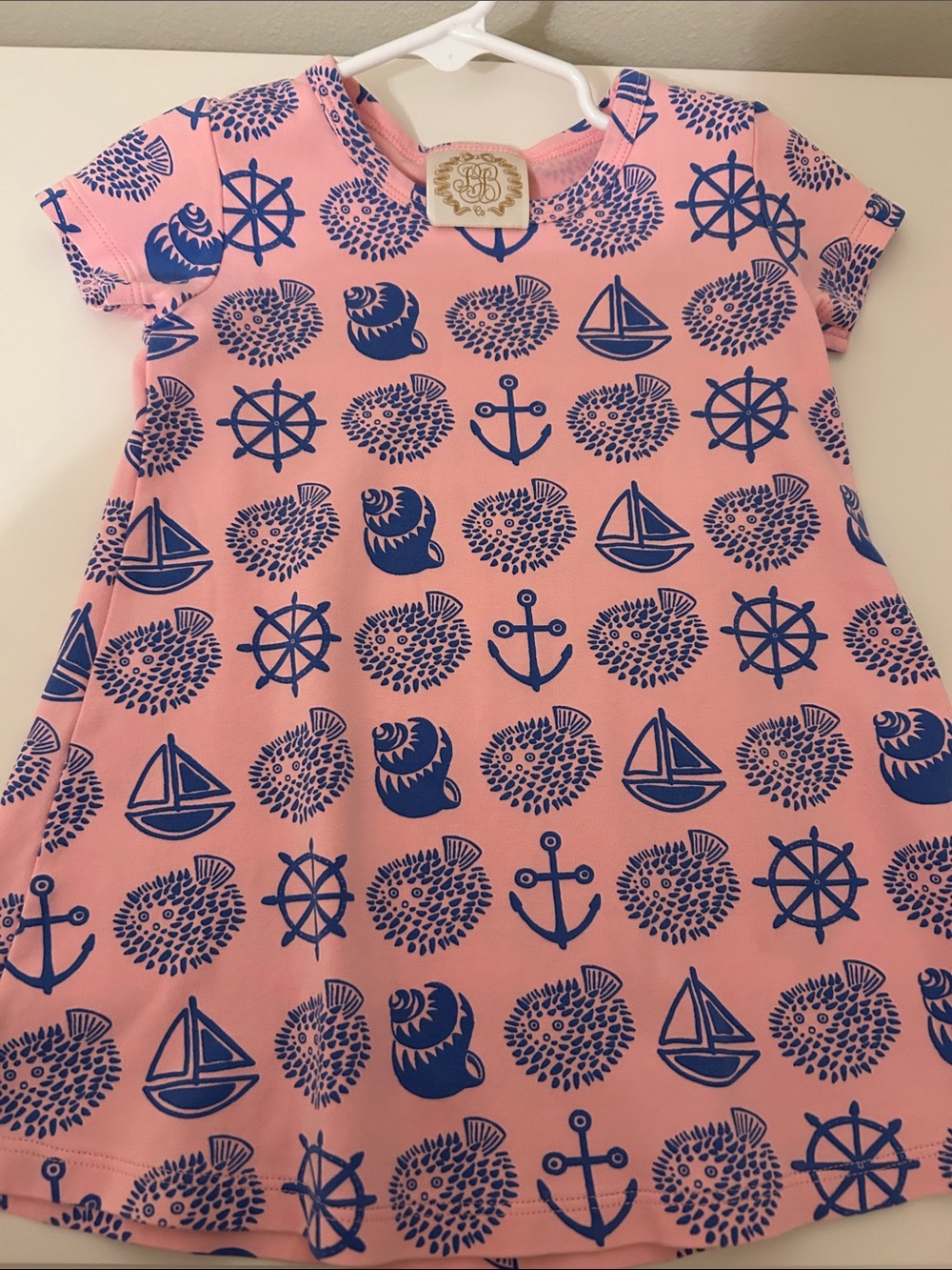 The Beaufort Bonnet Company Pink Dress with Blue Nautical Print
